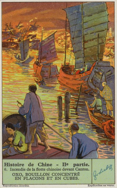 Brenning av den kinesiske flåten ved Canton (chromolitho) av European School