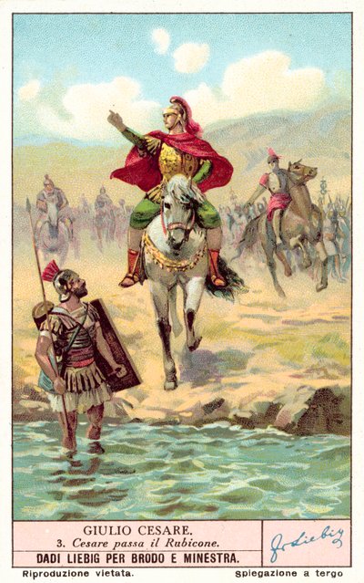 Cæsar krysser Rubicon, 49 f.Kr. (chromolitho) av European School