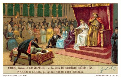 Claudius reagerer på scenen som skildrer drapet på spillerkongen (chromolitho) av European School