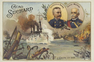 Commodore George Dewey og admiral Patricio Montojo, slaget ved Manila Bay, spansk-amerikansk krig, 1. mai 1898 av European School