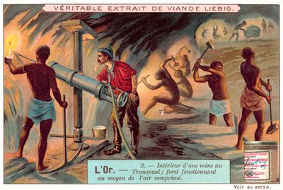 Trykkluftbor i en gullgruve i Transvaal (chromolitho) av European School