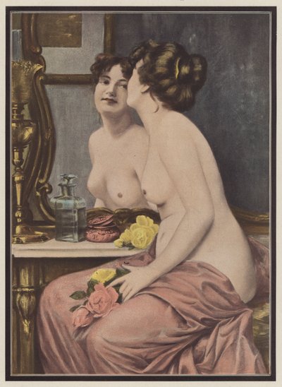 Coquetry, kvinne foran et speil (farge litho) av European School
