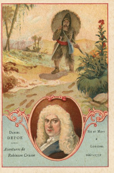 Daniel Defoe, engelsk forfatter, og en scene fra Robinson Crusoe av European School