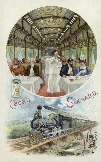 Drikker Suchard-kakao i spisevognen til et tog av European School