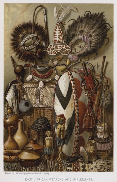 Østafrikanske våpen og redskaper (chromolitho) av European School
