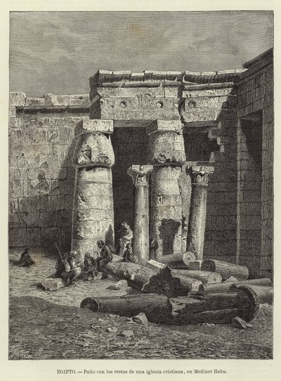 Egypt - Gårdsplass med restene av en kristen kirke i Medinet Habu av European School