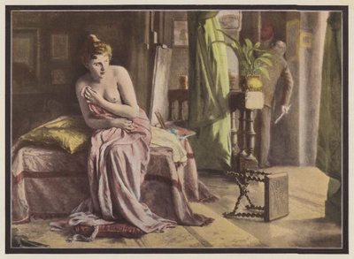 Emotion, kvinne som sitter på en seng (farge litho) av European School