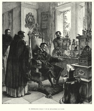 Keiser Charles V i pensjonisttilværelse ved klosteret Yuste, Spania, etter hans abdikasjon (litho) av European School