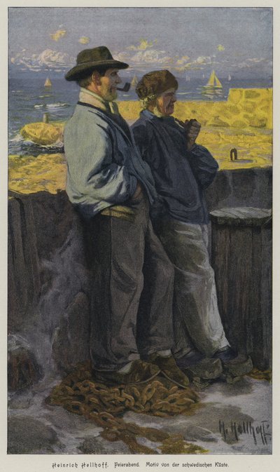 Slutt på arbeidsdagen. Typisk scene på svenskekysten (farget gravering) av European School