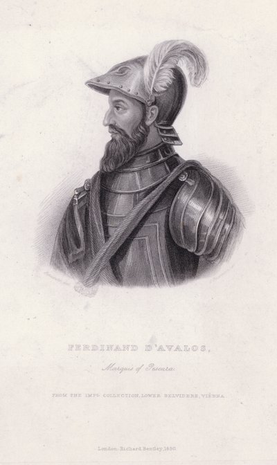 Ferdinand d'Avalos, 5. markis av Pescara (1489-1525), aragonisk militærsjef i de italienske krigene mellom habsburgerne og franskmennene (gravering) av European School