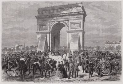 Tyske soldater ved Triumfbuen, Paris, etter å ha sikret seier i den fransk-prøyssiske krigen, 2. mars 1871 (gravering) av European School