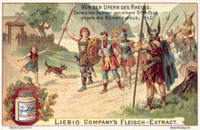 Germanske krigere som returnerte fra et raid mot romerne, 9 e.Kr. (chromolitho) av European School