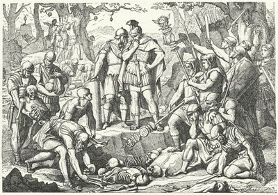 Germanicus begraver beinene til soldater fra de tre romerske legionene kommandert av Publius Quinctilius Varus ødelagt av tyskerne i slaget ved Teutoburgerskogen i 9 f.Kr. (gravering) av European School