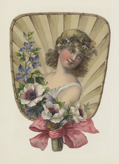 Jente med blomster (farge litho) av European School