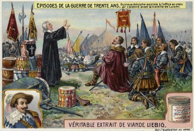 Gustavus Adolphus av Sverige deltar på en friluftstjeneste før slaget ved Lutzen, Tyskland, 1632 av European School