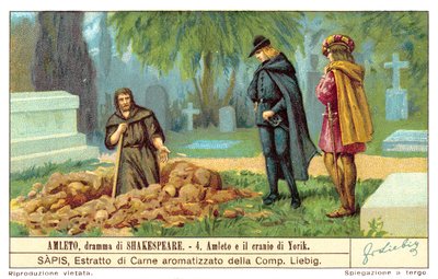 Hamlet vurderer hodeskallen til Yorick (chromolitho) av European School