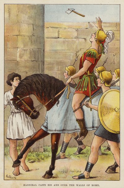 Hannibal kaster øksen sin over murene i Roma (chromolitho) av European School