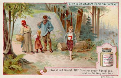 Hansel and Gretel: Hansel forlater et spor av småstein for å finne veien hjem (chromolitho) av European School