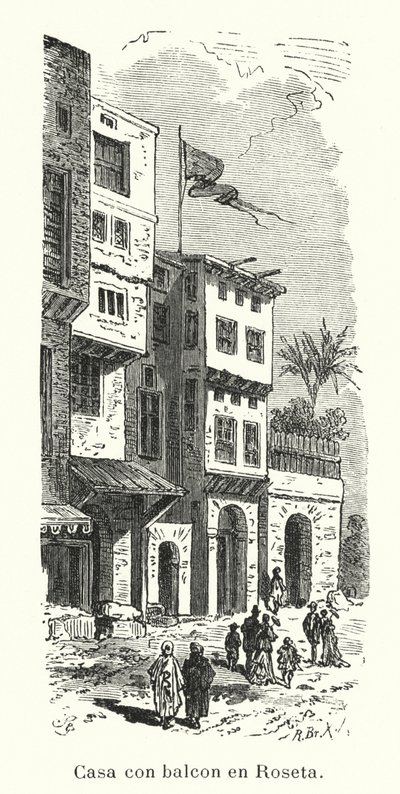Hus med balkong i Rosetta, Egypt (litho) av European School