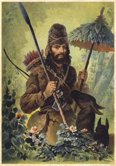 Illustrasjon til Robinson Crusoe (fargelitografi) av European School
