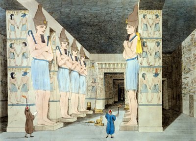 Interiør av Rameses-tempelet i Abu Simbel (farget etsning) av European School