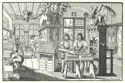 Interiør i et boktrykkerverksted, c1676 (gravering) av European School