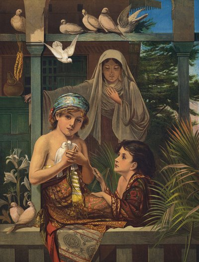 Jesus Kristus og døperen Johannes som gutter, med Jomfru Maria (farget gravering) av European School