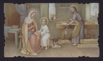 Jesus Kristus som en gutt med sin mor, Maria, i Josefs snekkerverksted (chromolitho) av European School