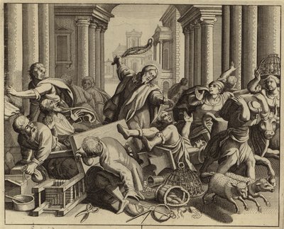 Jesus Kristus driver vekslerne fra tempelet (gravering) av European School