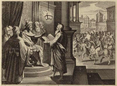 Kong Ahasverus beordret at boken som forteller om hans regjeringstid skulle bringes og leses for ham (gravering) av European School