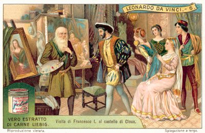 Kong Frans I av Frankrike besøker Leonardo da Vinci på Clos Luce (chromolitho) av European School