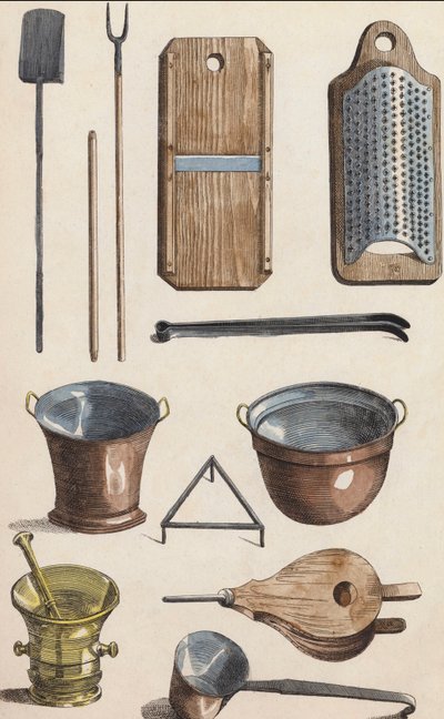 Kjøkkenutstyr (fargelitografi) av European School