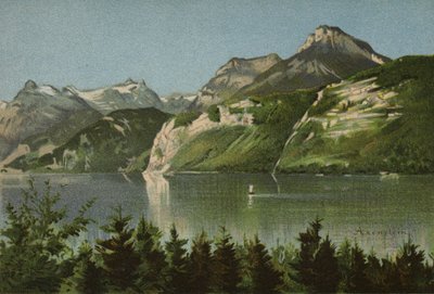 Vierwaldstättersjøen: Axenstein (fargelitografi) av European School