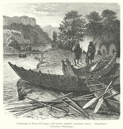 Landskap i Tierra del Fuego, med kanoer, årer, harpuner, lanser (gravering) av European School