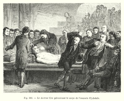 Doktor Ure galvaniserer liket av leiemorderen Clydesdale (gravering) av European School