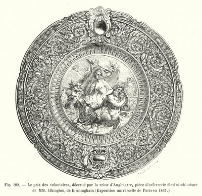 Prisen for frivillige, tildelt av dronningen av England, stykke elektrokjemisk gullsmedarbeid av MM Elkington, Birmingham, universell utstilling i Paris i 1867 (gravering) av European School