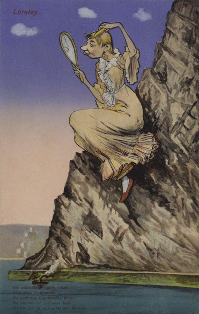 Lorelei, beundrer seg selv i et speil (farge litho) av European School