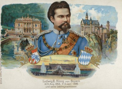Ludwig II, kongen av Bayern, og hans favorittslott (chromolitho) av European School