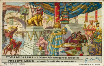 Marco Polo smaker på spaghetti i Kina (kromolitho) av European School