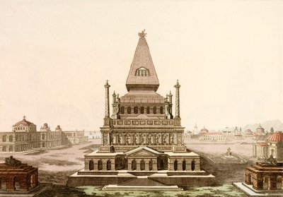 Mausoleum ved Halikarnassus, graven til den persiske satrapen Mausolus, et av de syv underverkene i den antikke verden (farget gravering) av European School