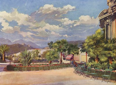 Menton, musikkiosken og den nye hagen (fargelitografi) av European School