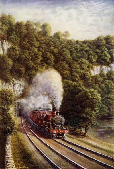 Midland Scotch ekspresstog på Midland Railway som reiser gjennom Yorkshire Dales (farge litho) av European School