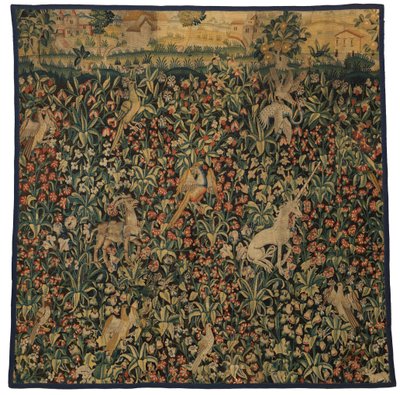 Mille fleurs billedvev fragment som viser dyr, fugler og landskap, ca. 1500 (ull) av European School