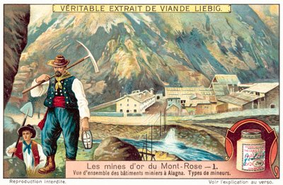 Gruvearbeidere og gruvebygninger ved Monte Rosa gullgruvene, Italia (chromolitho) av European School