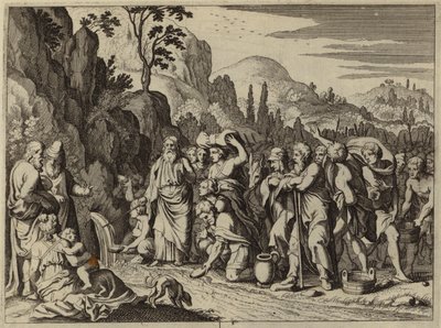 Moses slår fjellet med staven for å bringe vann frem (gravering) av European School