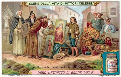 Murillo selger maleriene sine på markedet i Sevilla (chromolitho) av European School