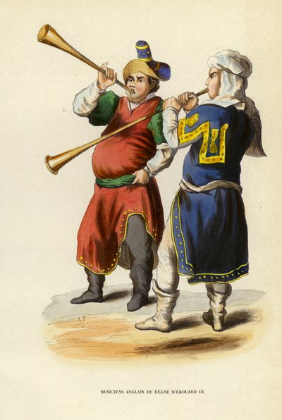 Engelske Musicians of the Reign of Edward III (farget gravering) av European School