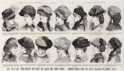 Nye panser og hatter for damer og unge damer; Sommermodeller fra Les Grands Magasins Du Louvre, Paris (gravering) av European School