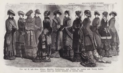 Nye vinterkapper, konfekt og besøk for damer og unge damer, modeller fra Les Grands Magasins du Louvre, Paris (gravering) av European School