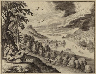 Noah ser på regnbuen, Guds tegn på at flommen ikke ville skje igjen (gravering) av European School